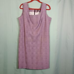 Women’s Pink Plaid Sheath Dress – Sleeveless V-Neck Work Office Dress